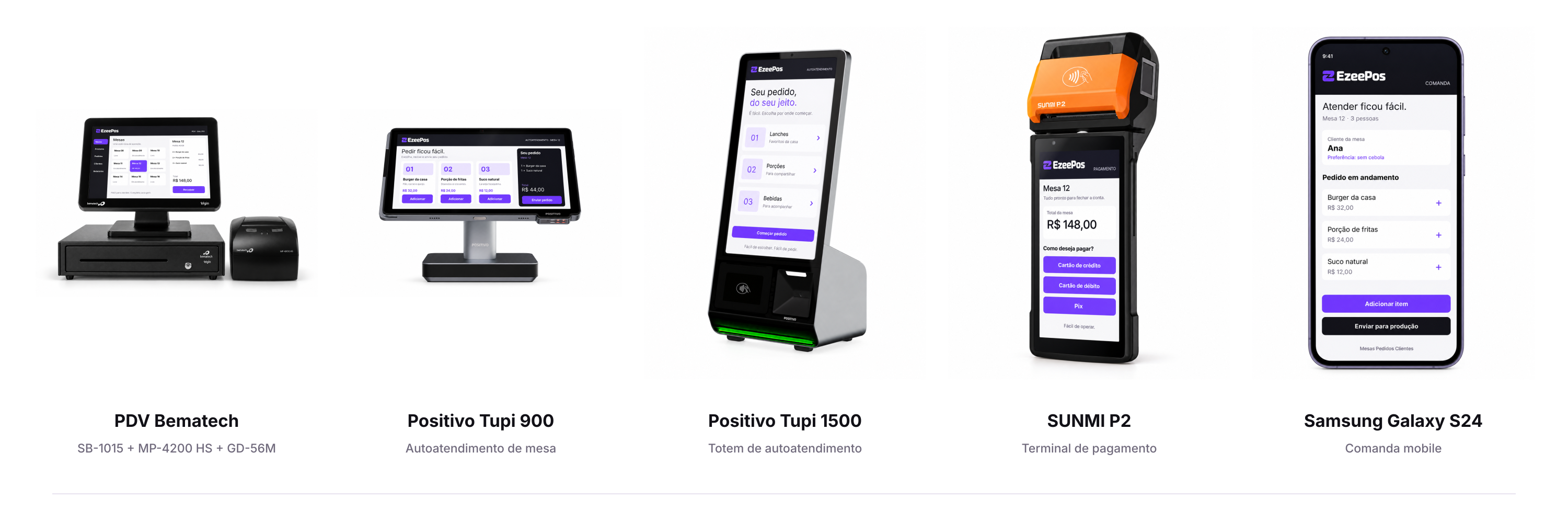 EzeePos aplicado no PDV Bematech, no tablet Positivo Tupi 900, no totem Positivo Tupi 1500, na maquininha SUNMI P2 e no celular Samsung Galaxy S24
